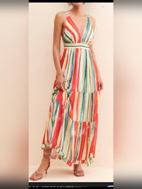 G.P.D. Striped V-Neck Maxi Dress in Red Green Yellow M